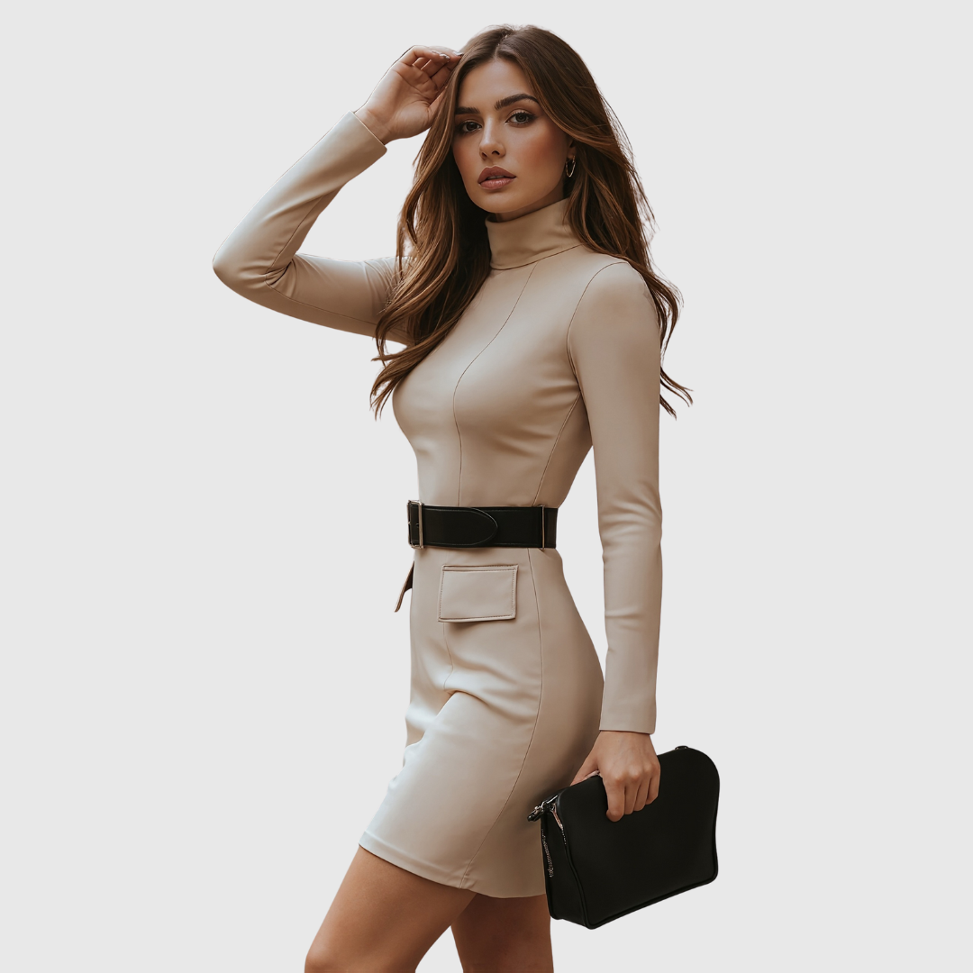 Mio | High-Neck Long Sleeve Bodycon Dress with Belt