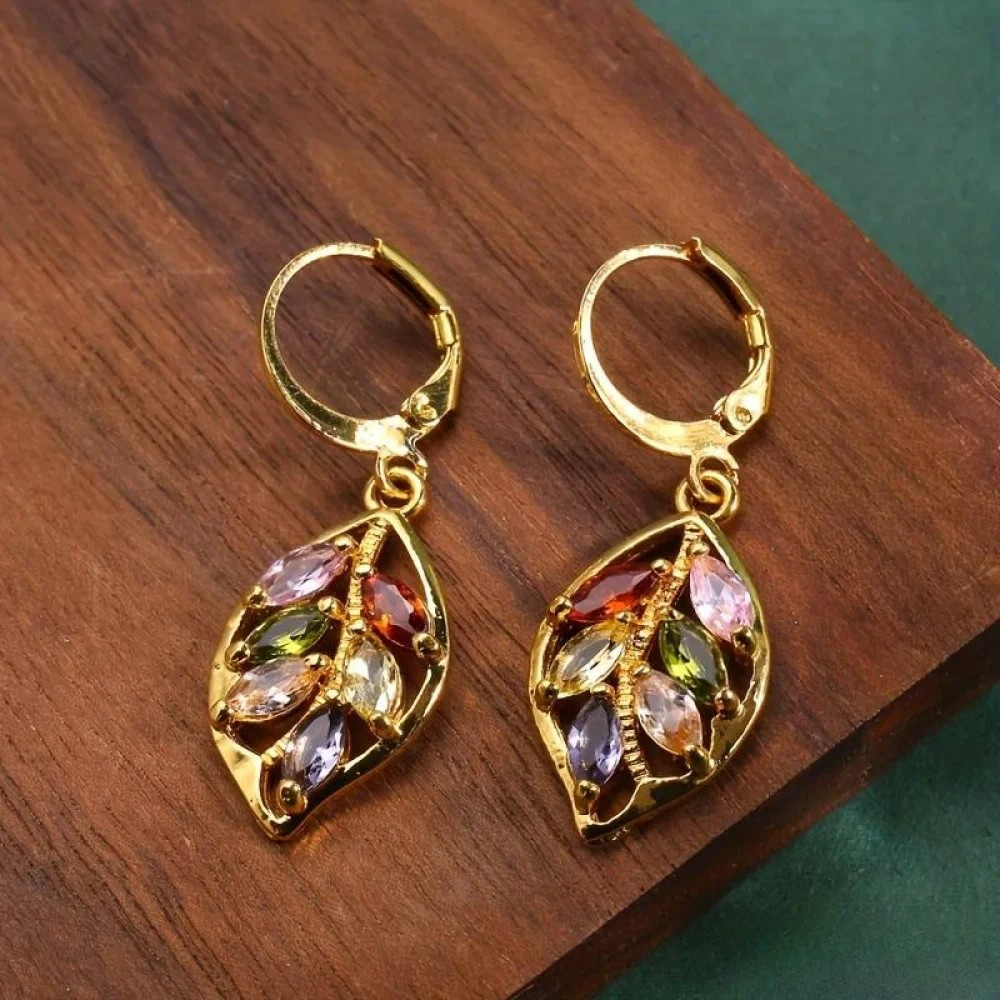 Vintage Golden Leaf Earrings with Colorful Zirconia